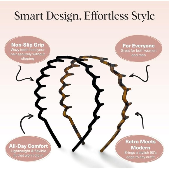 Women's Black/tort Non Slip Fashion Slicked Back Style Comfortable Comb Headband - Picture 3 of 8